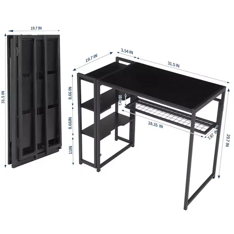 Bureau pliant de 89 cm avec étagère de rangement, bureau d'ordinateur peu encombrant, table robuste sans assemblage, pour chambre, bureau à domicile, dortoir