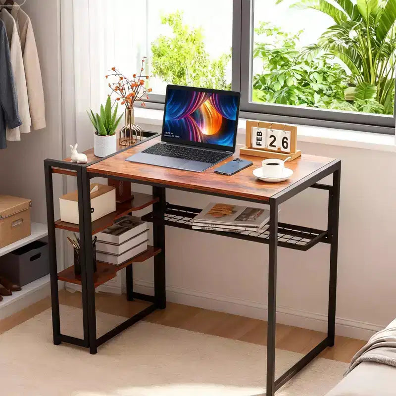 Bureau pliant de 89 cm avec étagère de rangement, bureau d'ordinateur peu encombrant, table robuste sans assemblage, pour chambre, bureau à domicile, dortoir