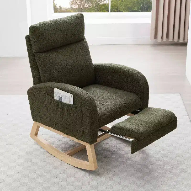 Fauteuil à bascule Teddy en tissu, repose-pieds réglable, appui-tête épaissi, poche de rangement, base en bois massif, chambre de bébé/salon, blanc