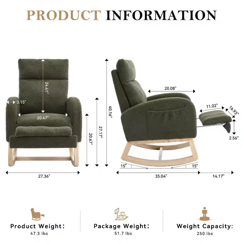 Fauteuil à bascule Teddy en tissu, repose-pieds réglable, appui-tête épaissi, poche de rangement, base en bois massif, chambre de bébé/salon, blanc