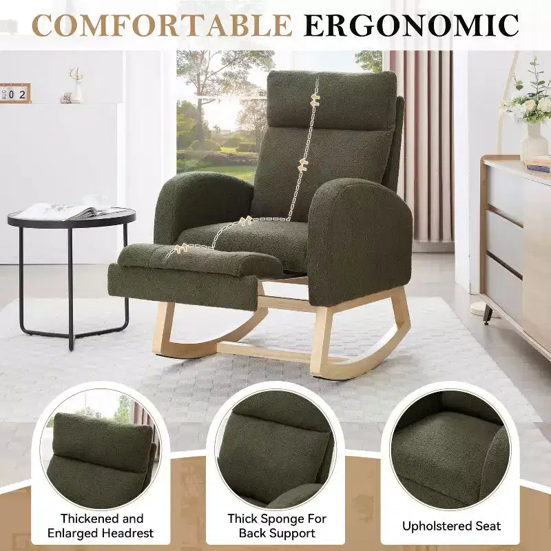 Fauteuil à bascule Teddy en tissu, repose-pieds réglable, appui-tête épaissi, poche de rangement, base en bois massif, chambre de bébé/salon, blanc