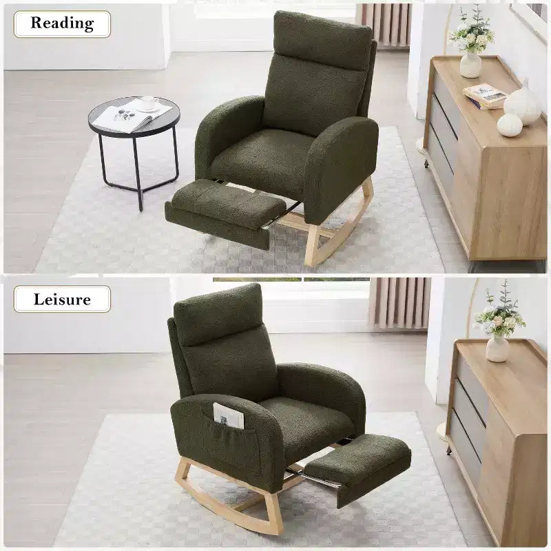 Fauteuil à bascule Teddy en tissu, repose-pieds réglable, appui-tête épaissi, poche de rangement, base en bois massif, chambre de bébé/salon, blanc