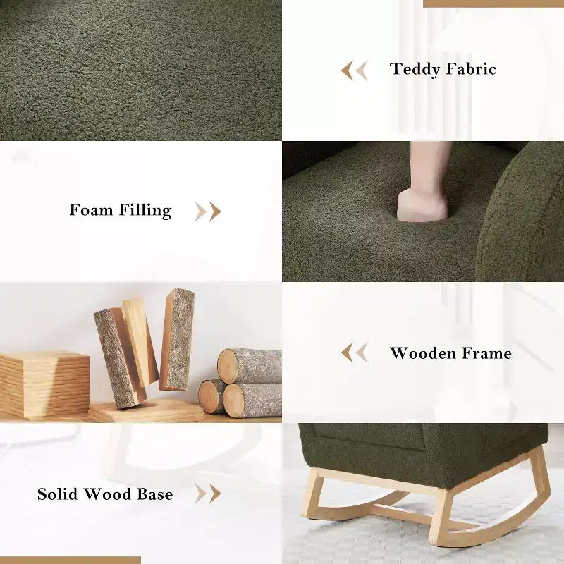 Fauteuil à bascule Teddy en tissu, repose-pieds réglable, appui-tête épaissi, poche de rangement, base en bois massif, chambre de bébé/salon, blanc