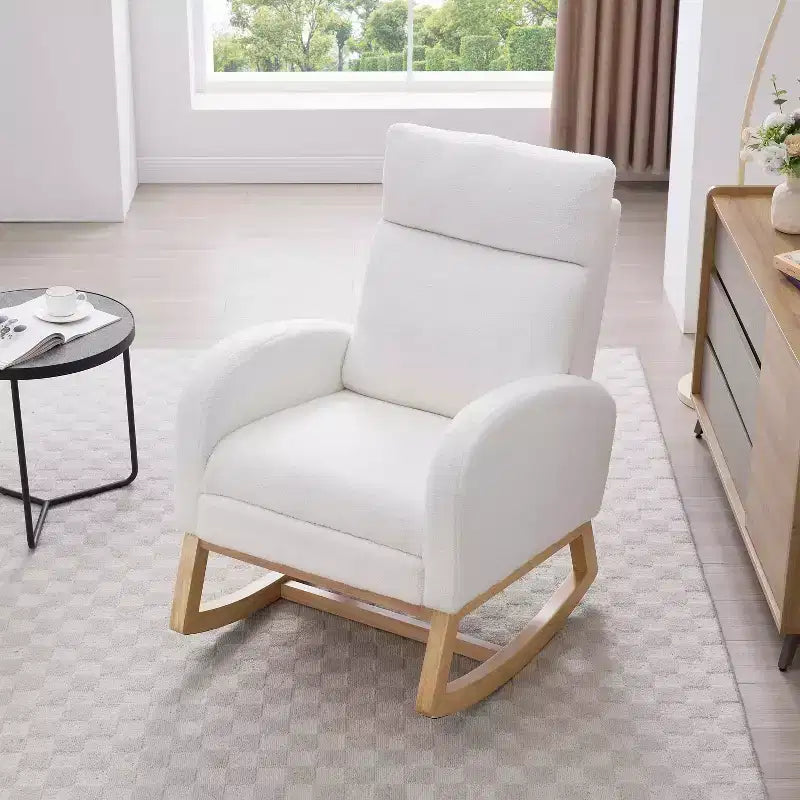 Fauteuil à bascule Teddy en tissu, repose-pieds réglable, appui-tête épaissi, poche de rangement, base en bois massif, chambre de bébé/salon, blanc