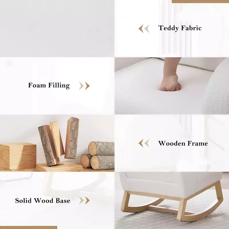 Fauteuil à bascule Teddy en tissu, repose-pieds réglable, appui-tête épaissi, poche de rangement, base en bois massif, chambre de bébé/salon, blanc