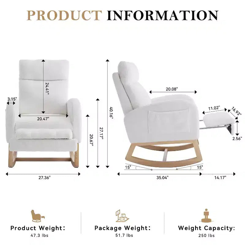 Fauteuil à bascule Teddy en tissu, repose-pieds réglable, appui-tête épaissi, poche de rangement, base en bois massif, chambre de bébé/salon, blanc