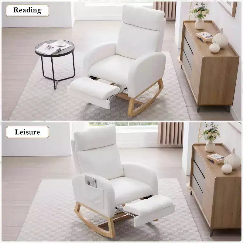 Fauteuil à bascule Teddy en tissu, repose-pieds réglable, appui-tête épaissi, poche de rangement, base en bois massif, chambre de bébé/salon, blanc