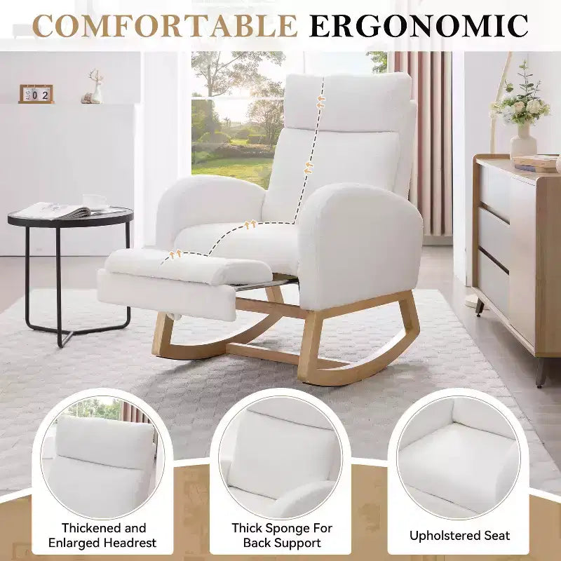 Fauteuil à bascule Teddy en tissu, repose-pieds réglable, appui-tête épaissi, poche de rangement, base en bois massif, chambre de bébé/salon, blanc