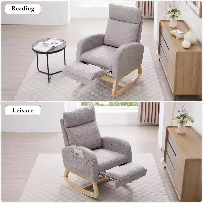 Fauteuil à bascule Teddy en tissu, repose-pieds réglable, appui-tête épaissi, poche de rangement, base en bois massif, chambre de bébé/salon, blanc