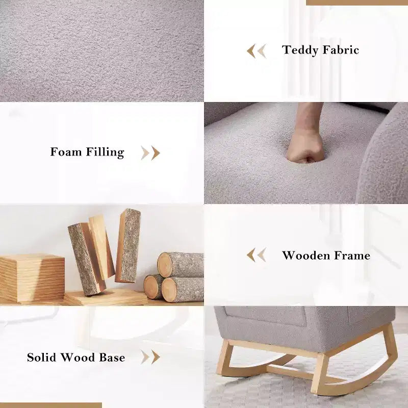 Fauteuil à bascule Teddy en tissu, repose-pieds réglable, appui-tête épaissi, poche de rangement, base en bois massif, chambre de bébé/salon, blanc