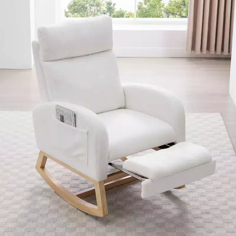 Fauteuil à bascule Teddy en tissu, repose-pieds réglable, appui-tête épaissi, poche de rangement, base en bois massif, chambre de bébé/salon, blanc