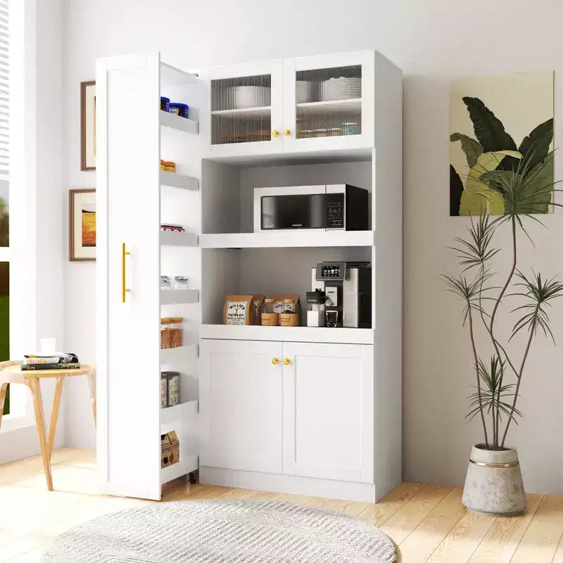Armoire de cuisine avec étagères coulissantes, buffet de style ferme, organisateurs de garde-manger à 4 portes