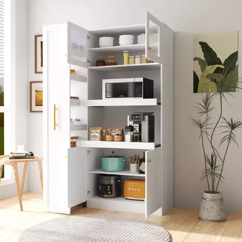Armoire de cuisine avec étagères coulissantes, buffet de style ferme, organisateurs de garde-manger à 4 portes