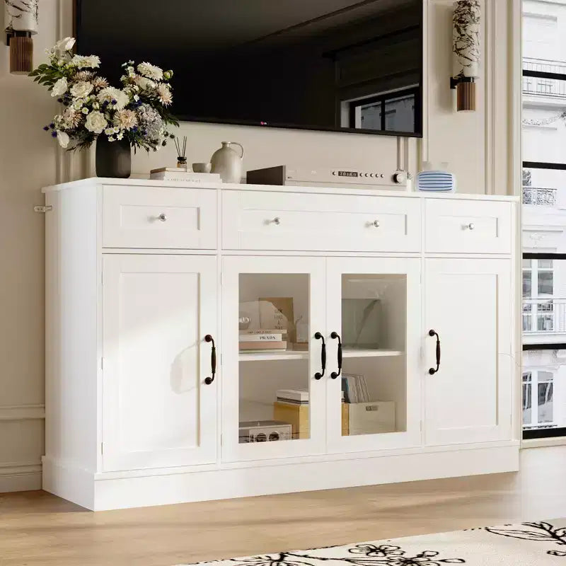 Famapy Elegant White Glass Door TV Stand with Interior Door Shelves Living Room Media Console 3-Drawer TV Console Entertainment Storage Cabinet