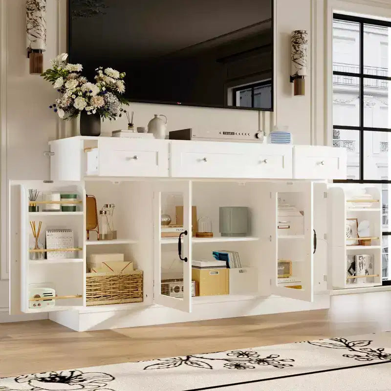 Meuble TV élégant en verre blanc avec étagères intérieures de porte, console multimédia pour salon, meuble TV 3 tiroirs, meuble de rangement de divertissement