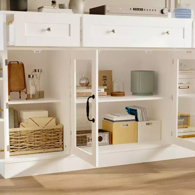 Meuble TV élégant en verre blanc avec étagères intérieures de porte, console multimédia pour salon, meuble TV 3 tiroirs, meuble de rangement de divertissement