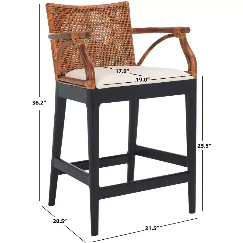 Tabouret de bar moderne | Structure en acajou, coussins en lin, accoudoirs et repose-pieds