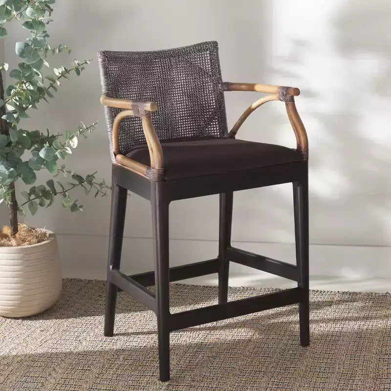 Tabouret de bar moderne | Structure en acajou, coussins en lin, accoudoirs et repose-pieds