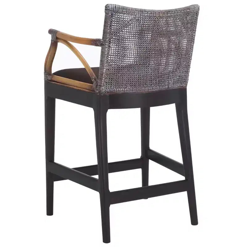 Tabouret de bar moderne | Structure en acajou, coussins en lin, accoudoirs et repose-pieds