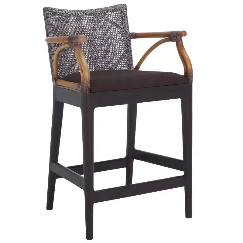 Tabouret de bar moderne | Structure en acajou, coussins en lin, accoudoirs et repose-pieds