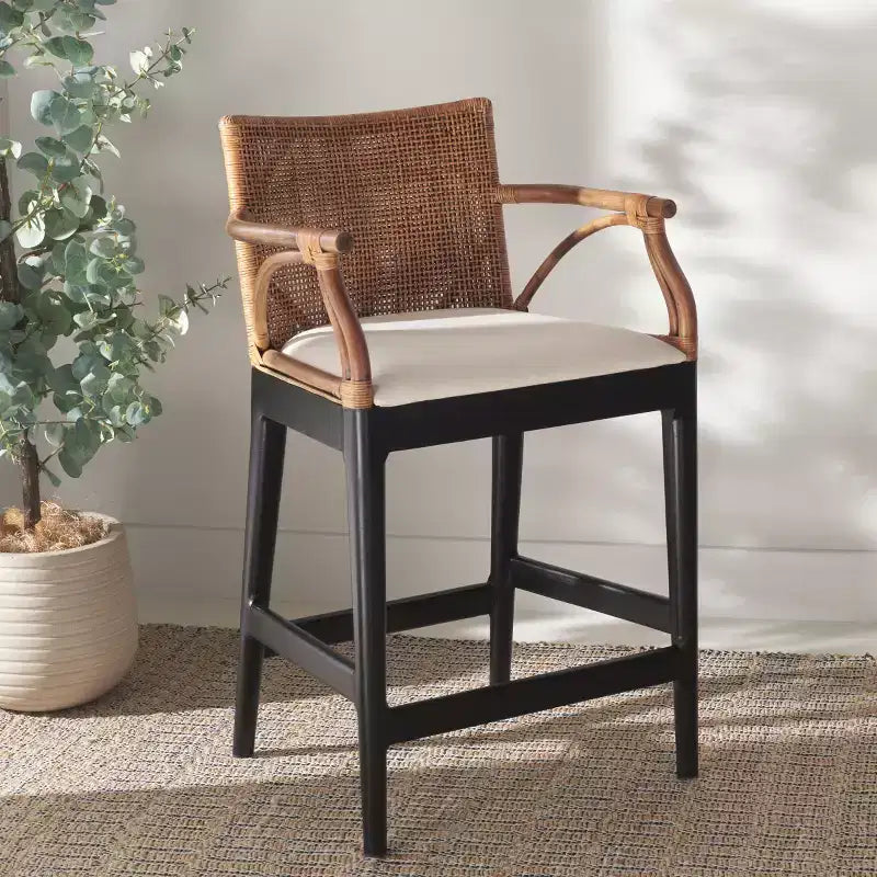 Tabouret de bar moderne | Structure en acajou, coussins en lin, accoudoirs et repose-pieds