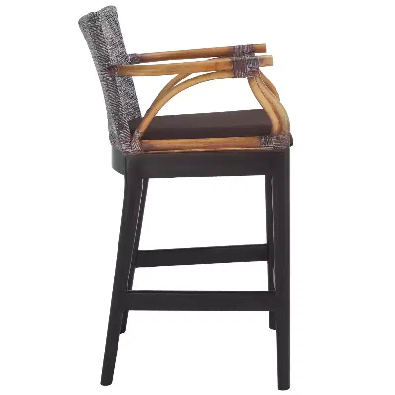 Tabouret de bar moderne | Structure en acajou, coussins en lin, accoudoirs et repose-pieds