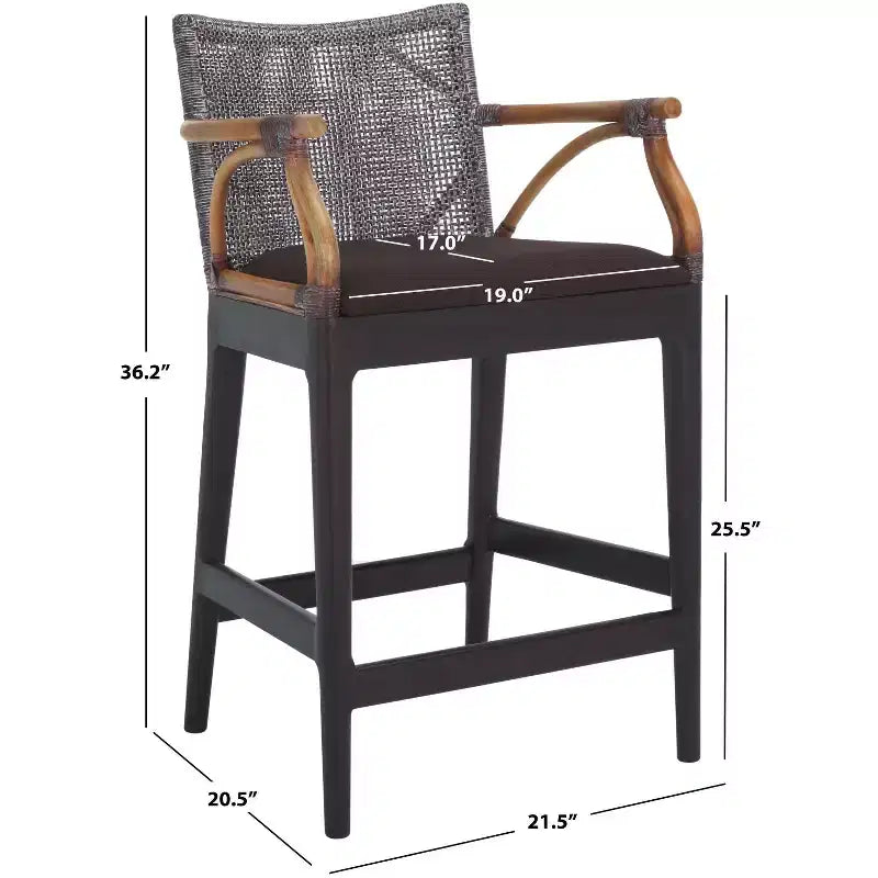 Tabouret de bar moderne | Structure en acajou, coussins en lin, accoudoirs et repose-pieds