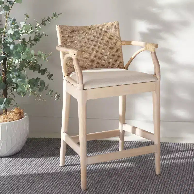Tabouret de bar moderne | Structure en acajou, coussins en lin, accoudoirs et repose-pieds