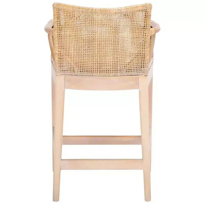 Tabouret de bar moderne | Structure en acajou, coussins en lin, accoudoirs et repose-pieds