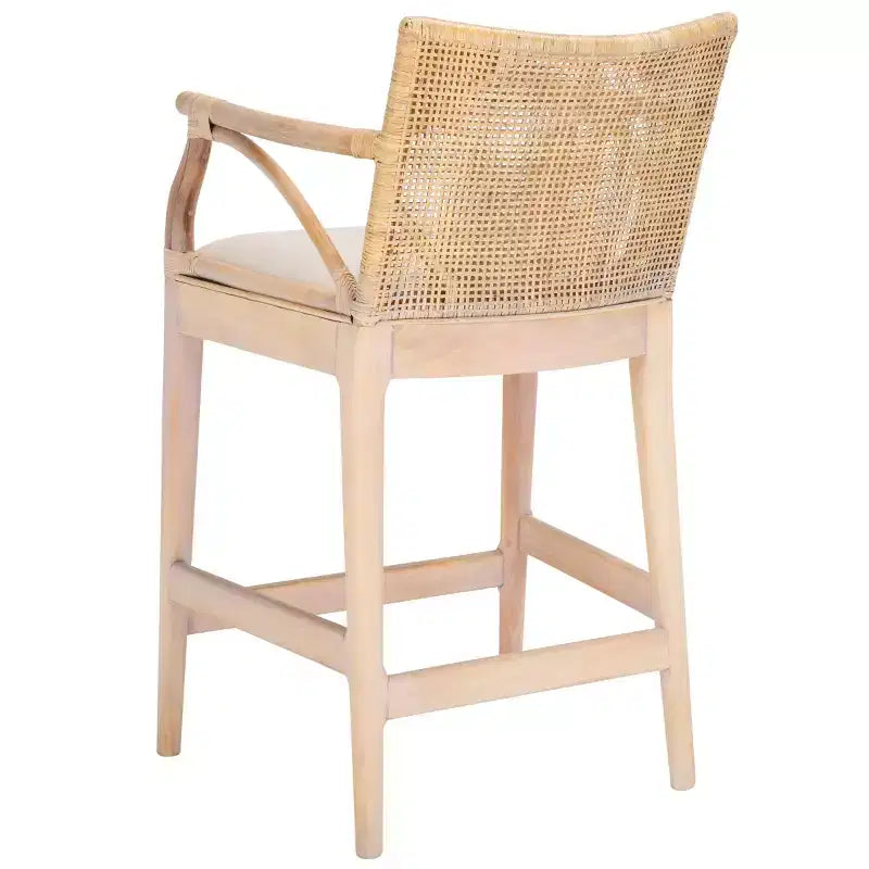 Tabouret de bar moderne | Structure en acajou, coussins en lin, accoudoirs et repose-pieds