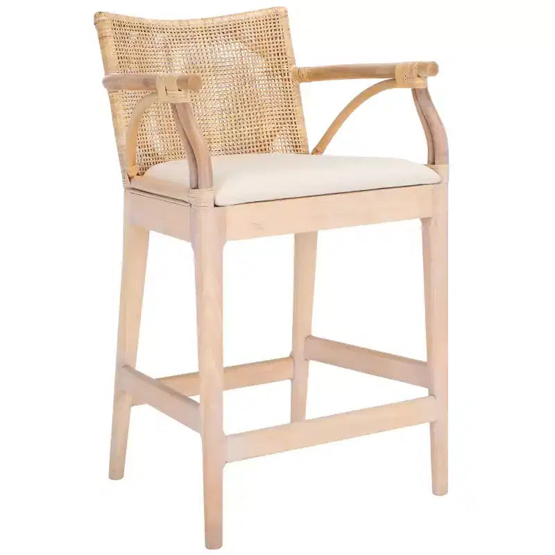 Tabouret de bar moderne | Structure en acajou, coussins en lin, accoudoirs et repose-pieds