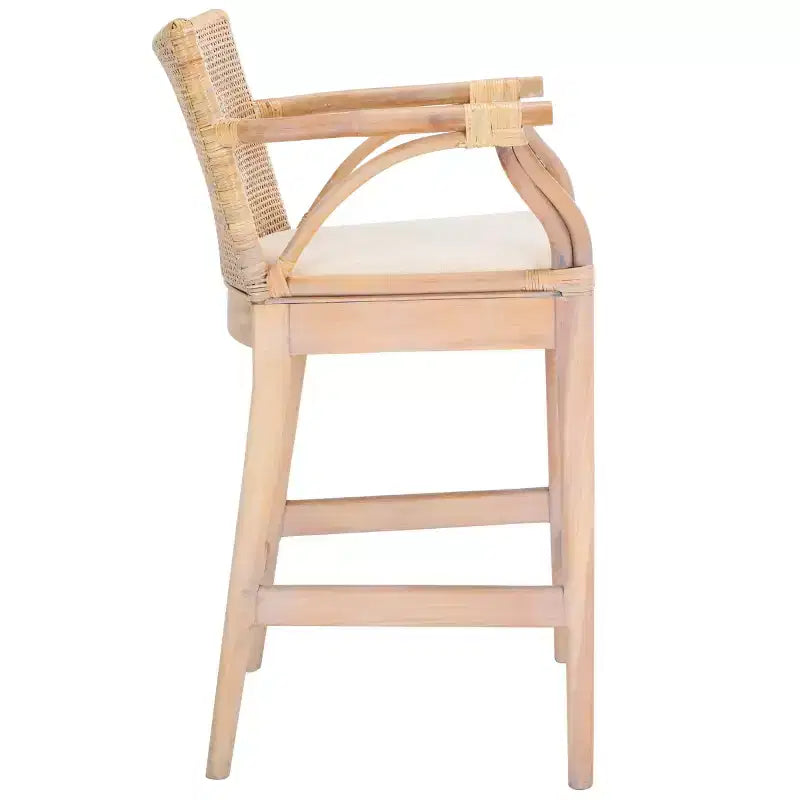 Tabouret de bar moderne | Structure en acajou, coussins en lin, accoudoirs et repose-pieds
