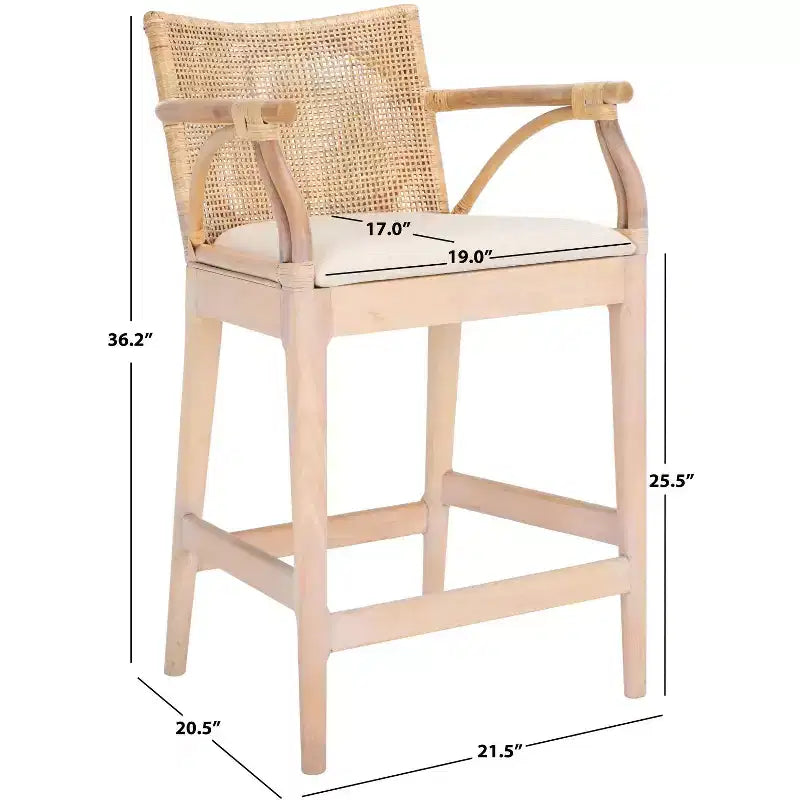Tabouret de bar moderne | Structure en acajou, coussins en lin, accoudoirs et repose-pieds