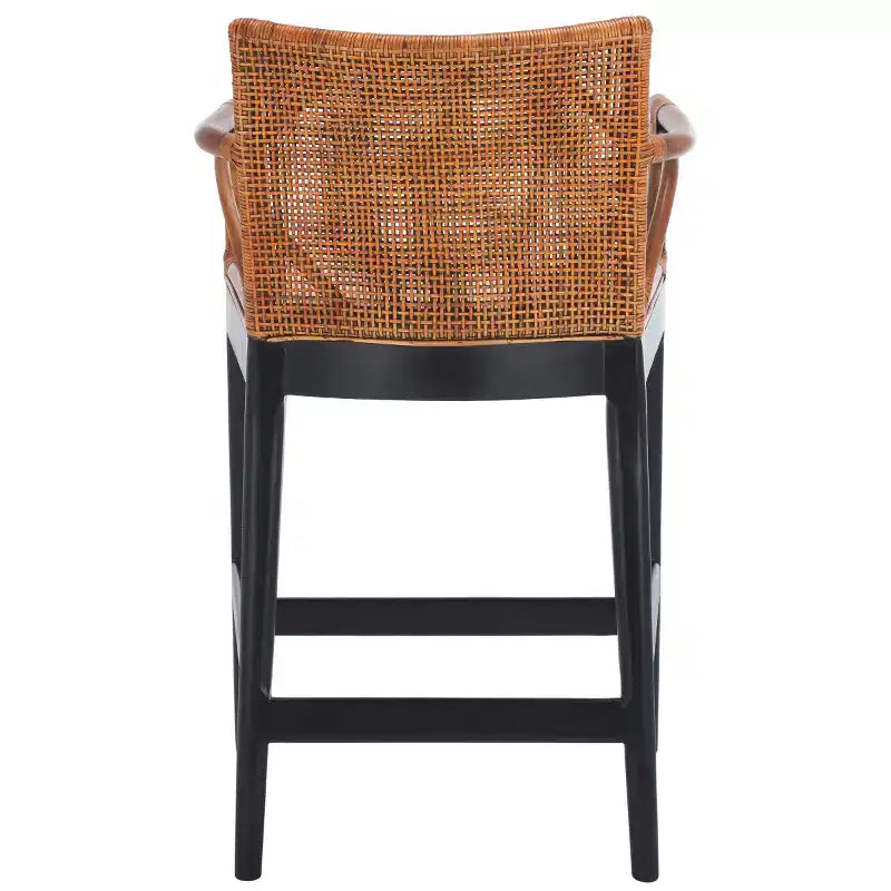 Tabouret de bar moderne | Structure en acajou, coussins en lin, accoudoirs et repose-pieds