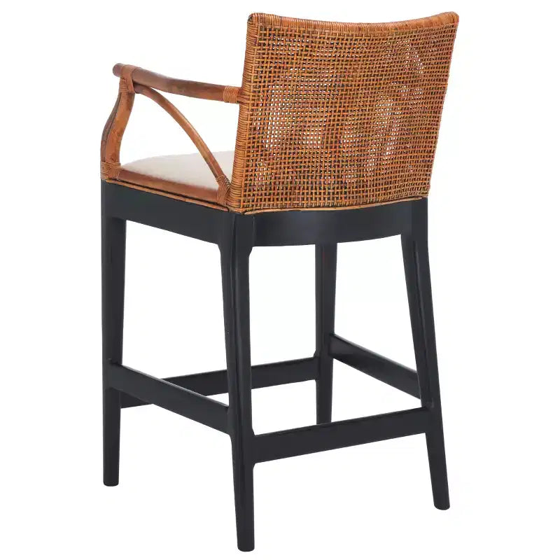 Tabouret de bar moderne | Structure en acajou, coussins en lin, accoudoirs et repose-pieds
