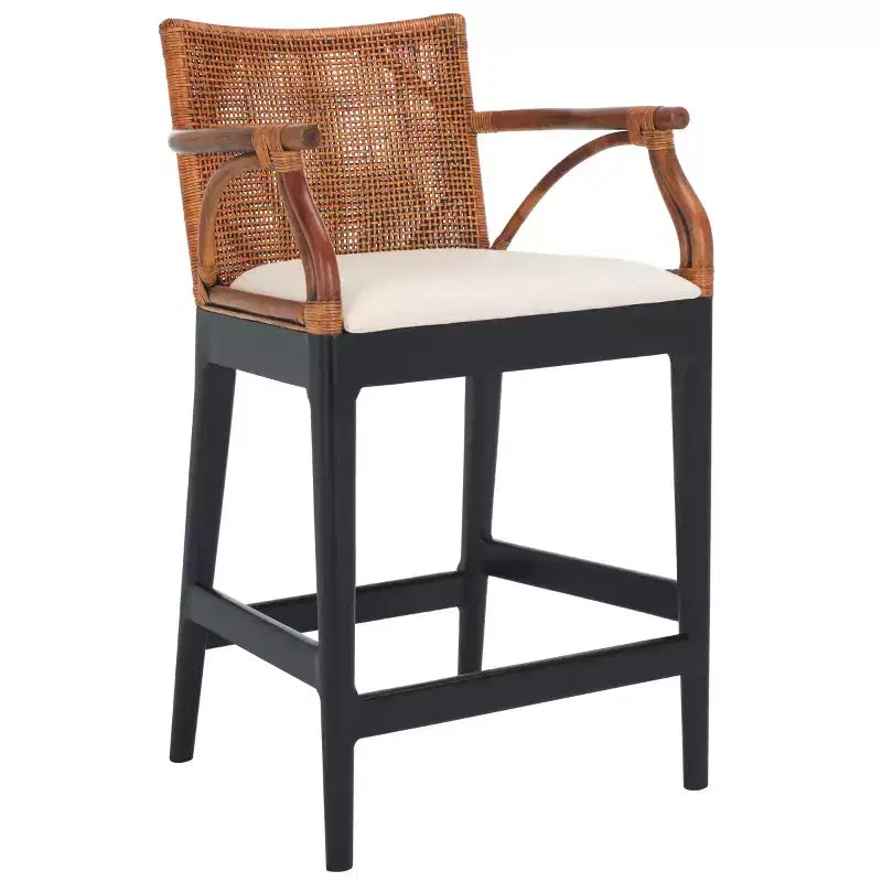 Tabouret de bar moderne | Structure en acajou, coussins en lin, accoudoirs et repose-pieds