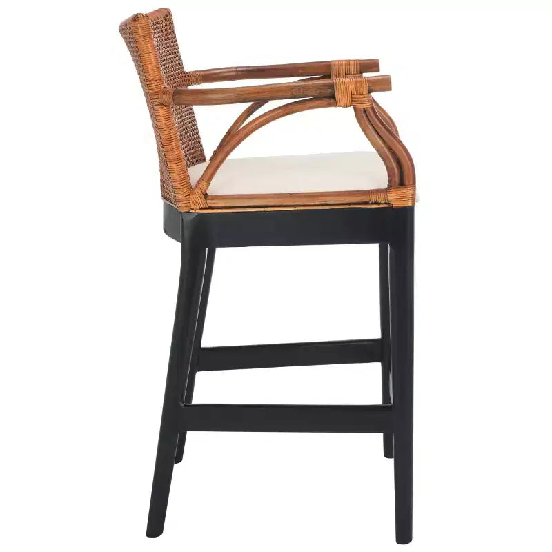 Tabouret de bar moderne | Structure en acajou, coussins en lin, accoudoirs et repose-pieds