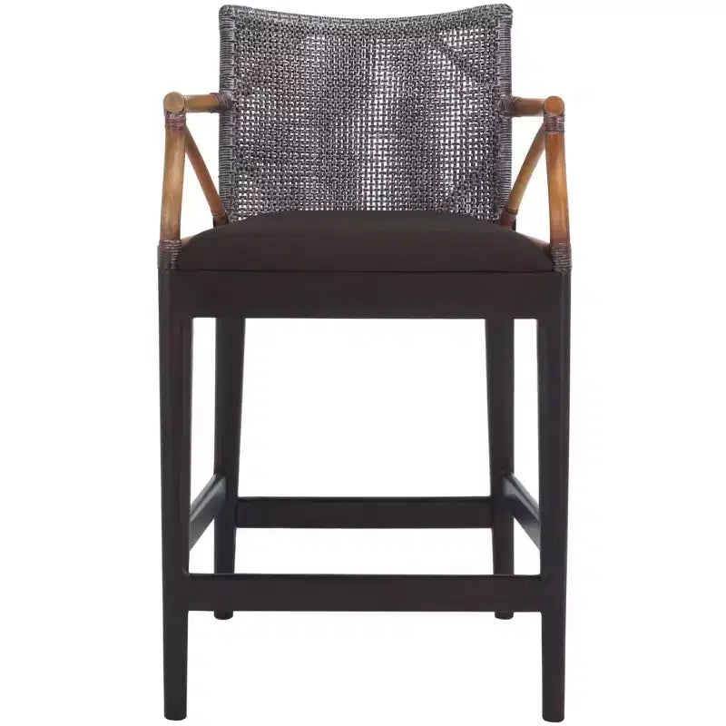 Tabouret de bar moderne | Structure en acajou, coussins en lin, accoudoirs et repose-pieds