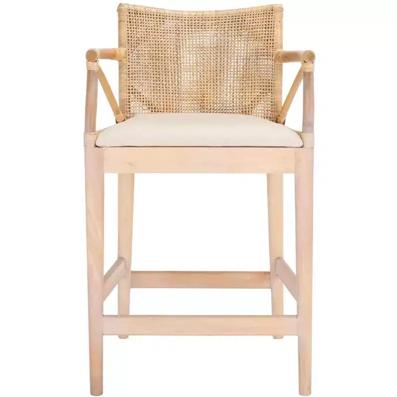 Tabouret de bar moderne | Structure en acajou, coussins en lin, accoudoirs et repose-pieds