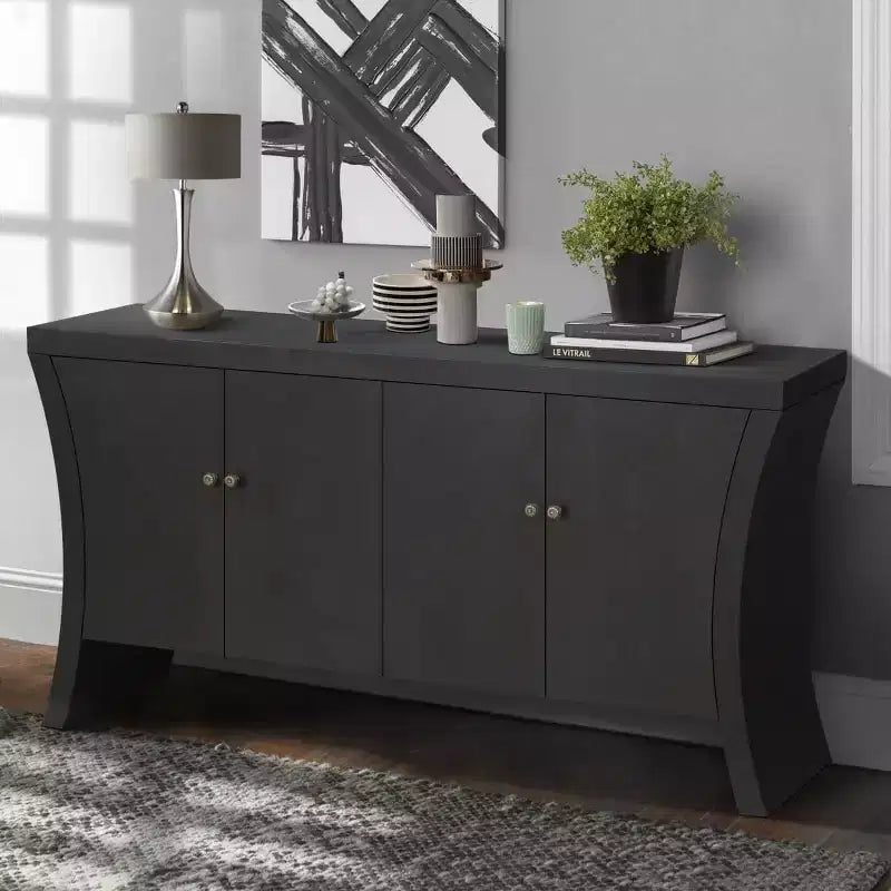 Buffet bahut moderne à 4 portes avec poignées en bronze et pieds arqués, crédence de salle à manger pour salon ou entrée