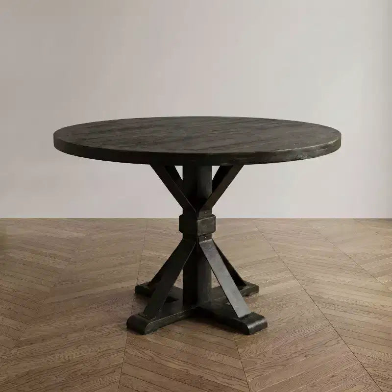 Table à manger ronde noire, pied central rustique de style ferme, 4 places