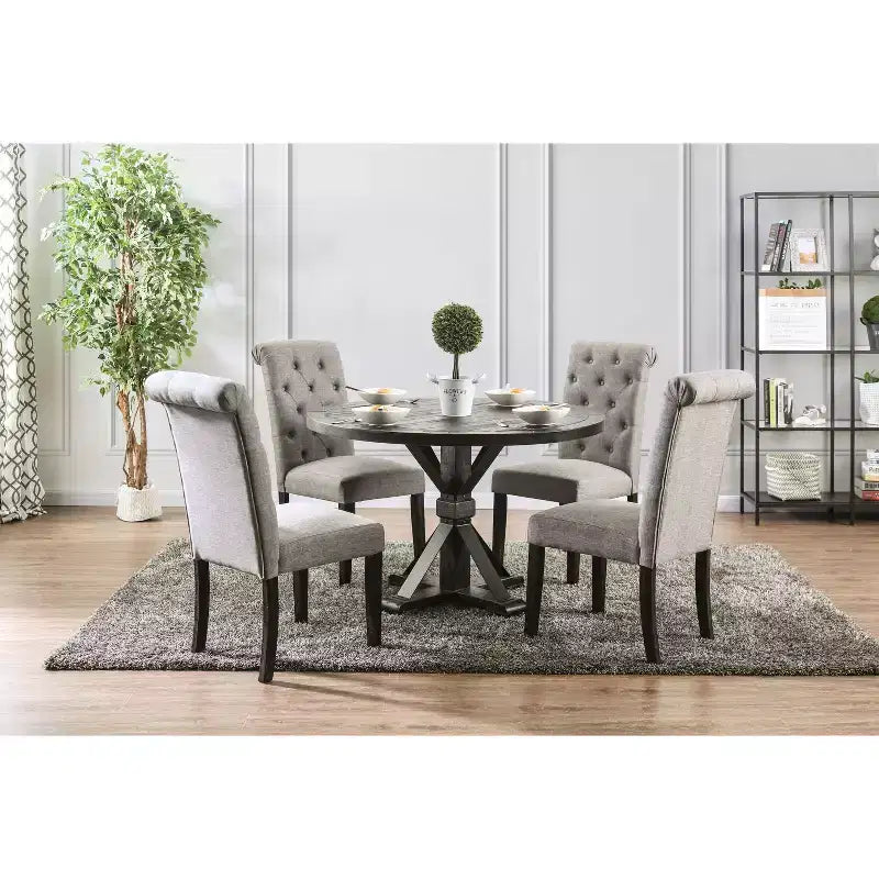 Table à manger ronde noire, pied central rustique de style ferme, 4 places