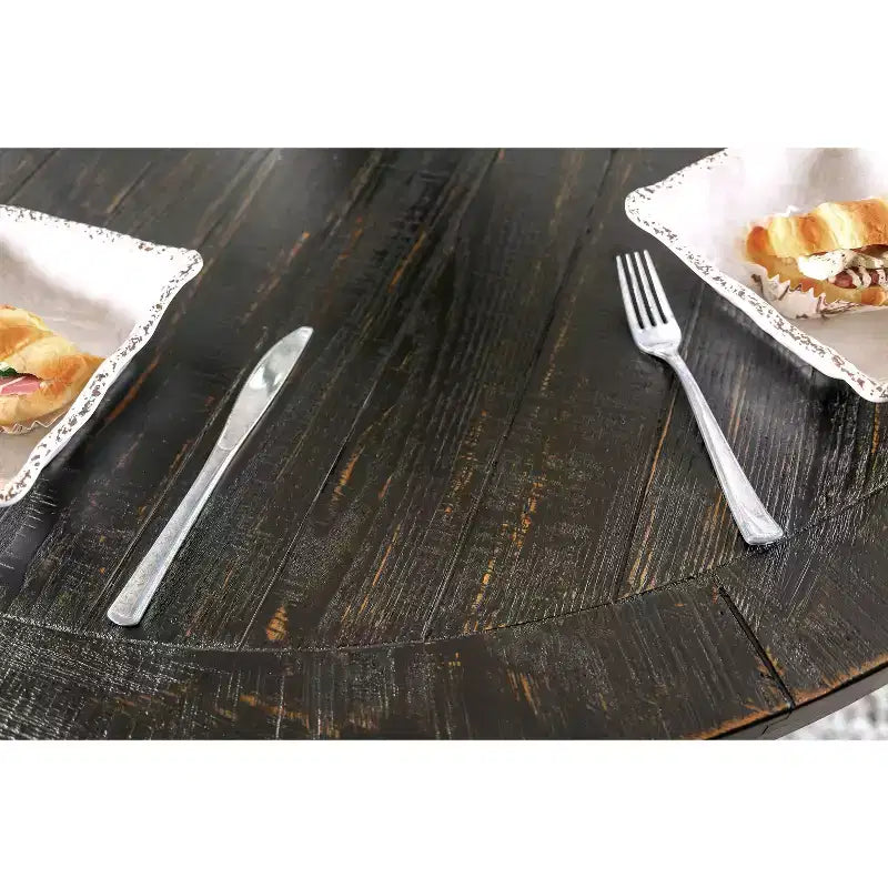 Table à manger ronde noire, pied central rustique de style ferme, 4 places