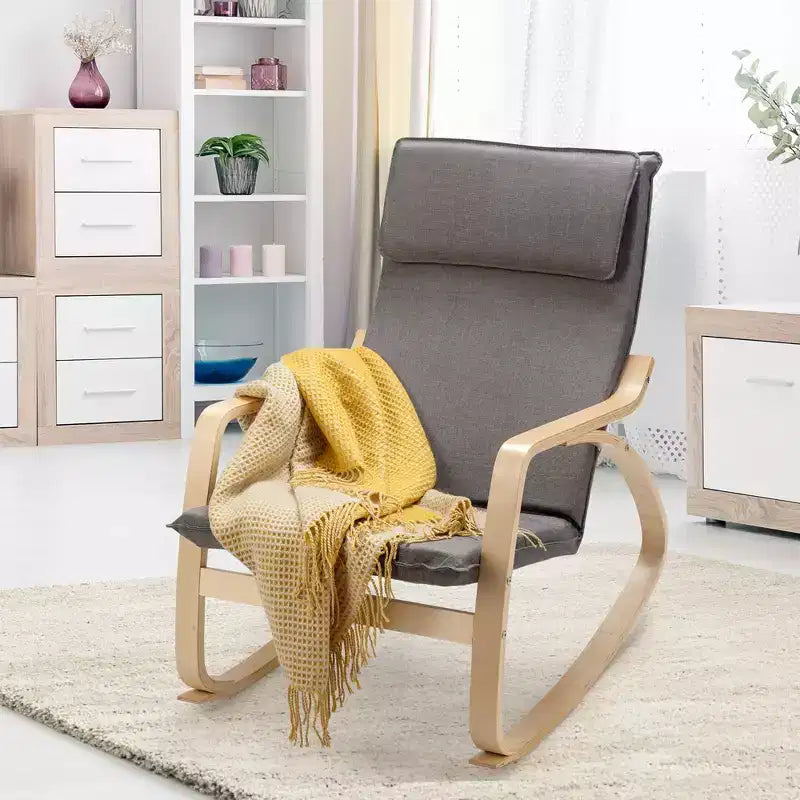 Fauteuil à bascule moderne en bois courbé, rembourré en tissu, fauteuil de relaxation gris/beige