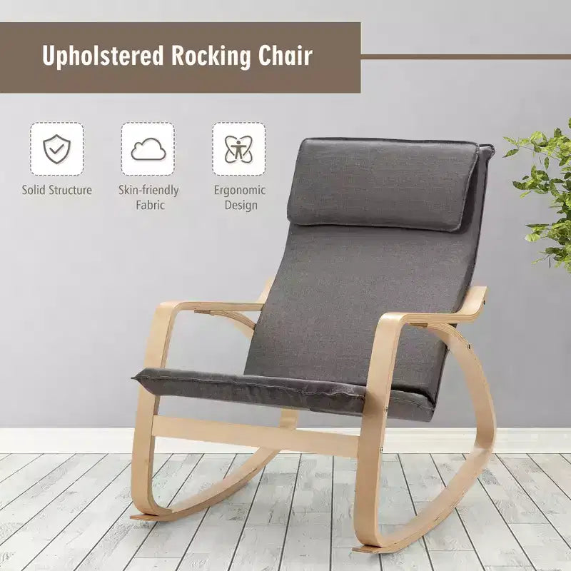 Fauteuil à bascule moderne en bois courbé, rembourré en tissu, fauteuil de relaxation gris/beige