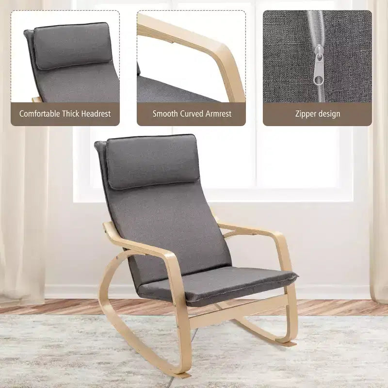 Fauteuil à bascule moderne en bois courbé, rembourré en tissu, fauteuil de relaxation gris/beige