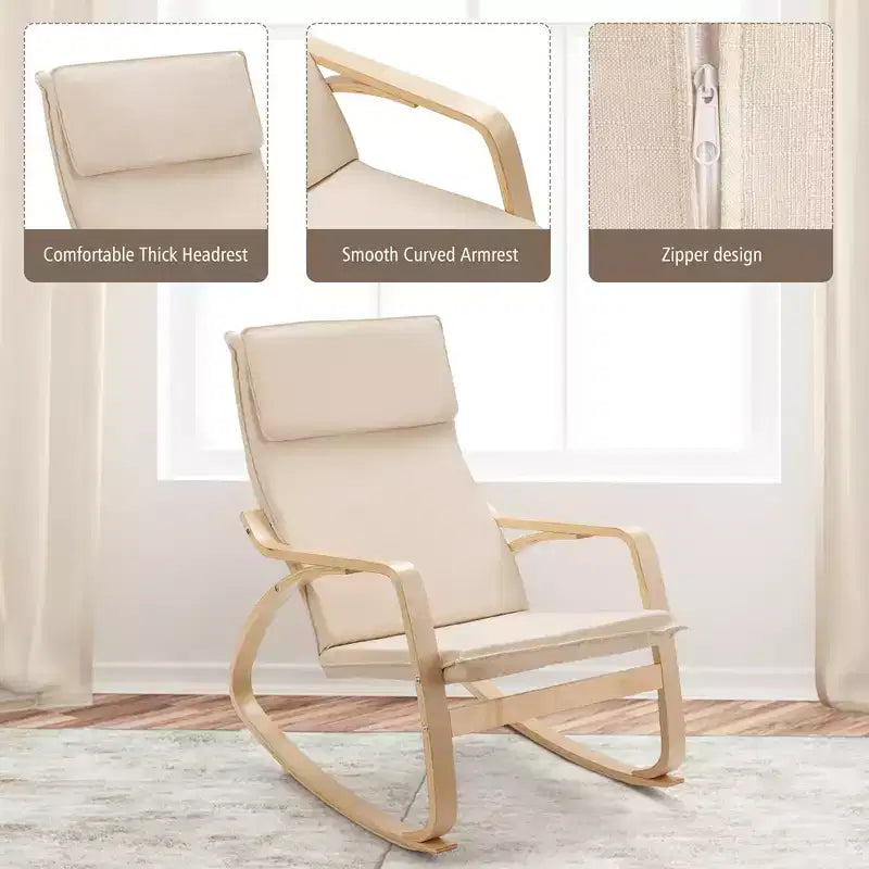Fauteuil à bascule moderne en bois courbé, rembourré en tissu, fauteuil de relaxation gris/beige
