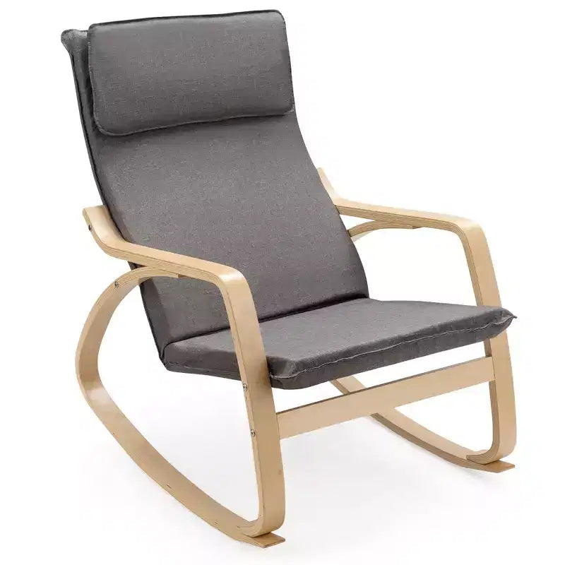Fauteuil à bascule moderne en bois courbé, rembourré en tissu, fauteuil de relaxation gris/beige
