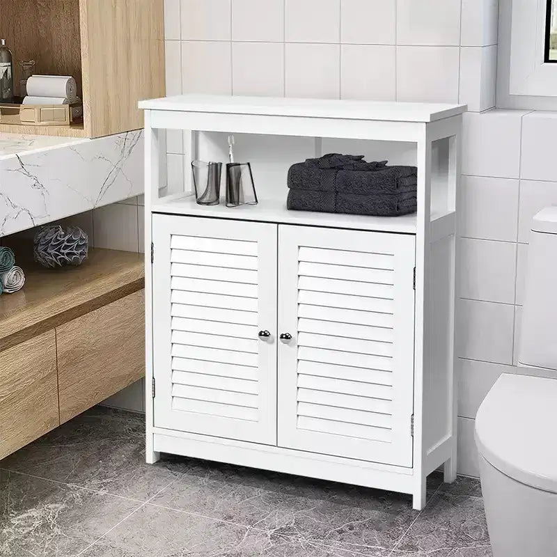 Meuble de rangement de salle de bain en bois avec double porte persienne blanc