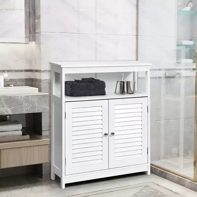 Meuble de rangement de salle de bain en bois avec double porte persienne blanc